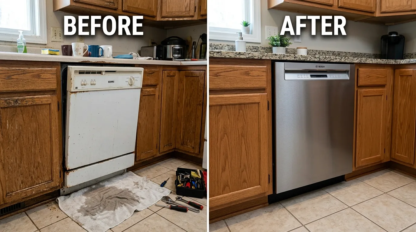 Before and after dishwasher plumbing repair and replacement by Stanley Rora Plumbers in Aurora CO showing corrected water lines and drain connections
