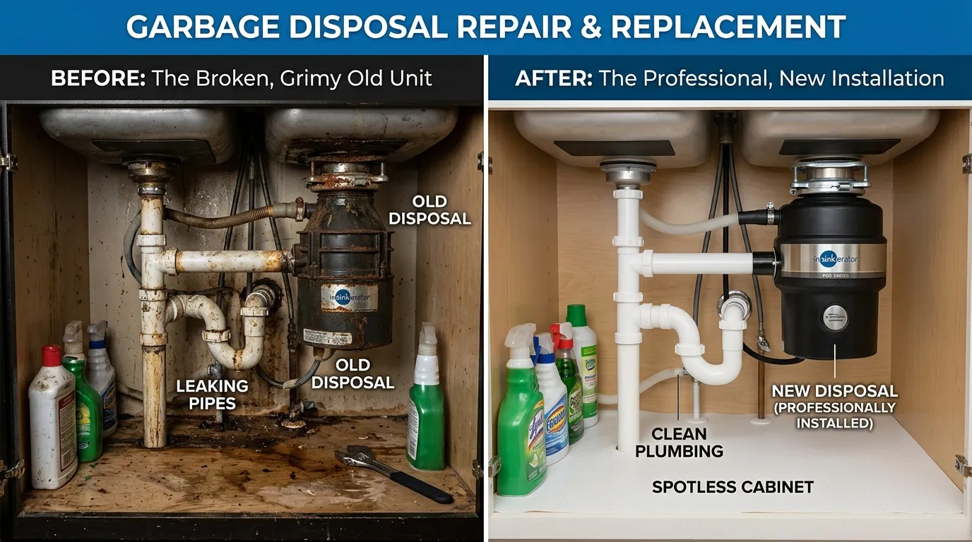 Garbage Disposal Repair Replacement Before and After - Stanley Rora Plumbers Aurora CO