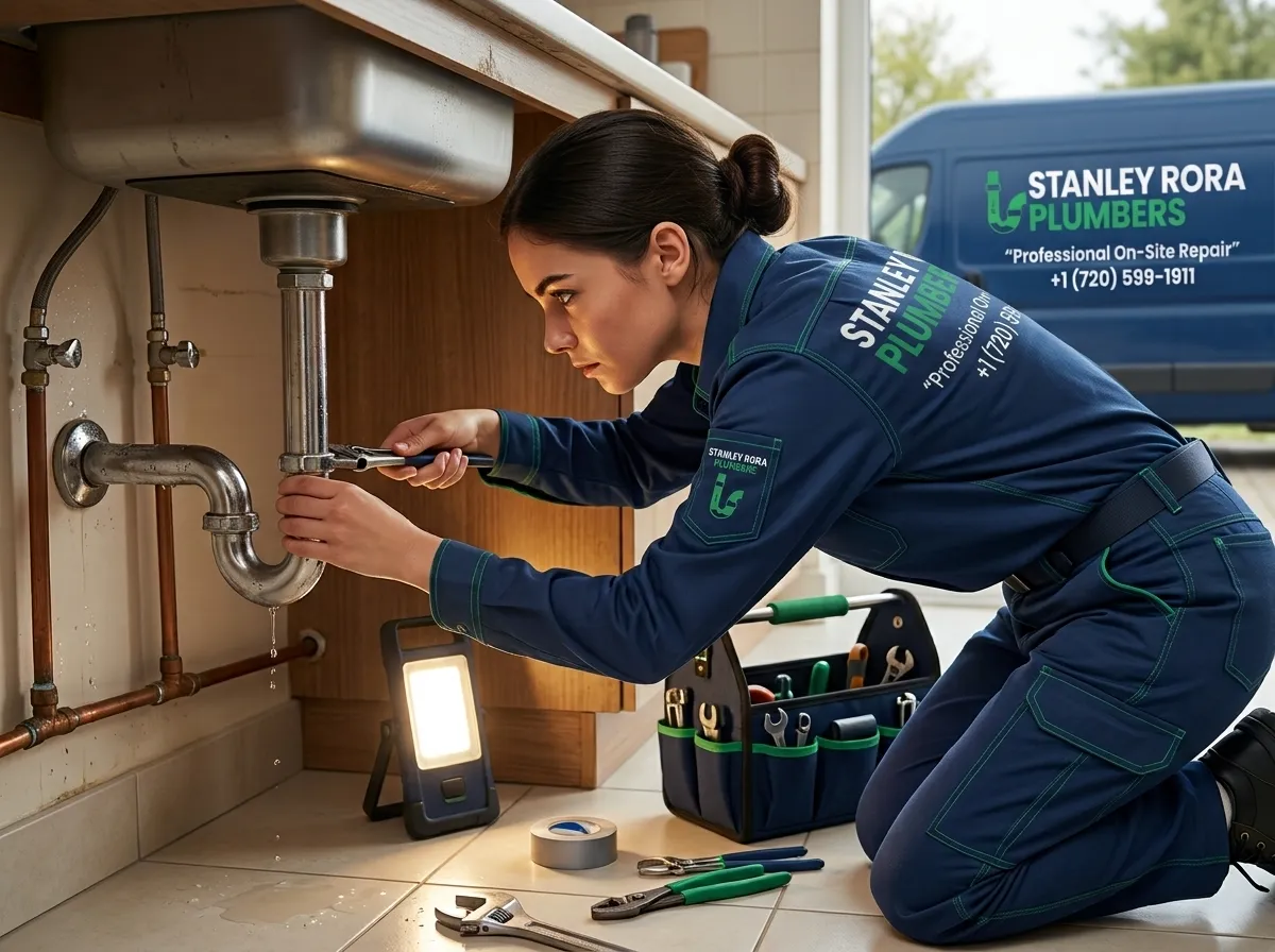 Professional on-site under-sink plumbing repair by Stanley Rora Plumbers Aurora CO