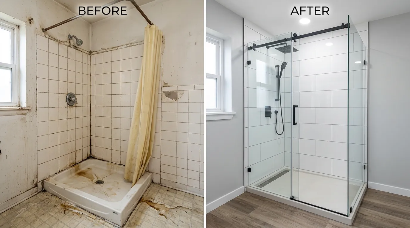 Professional shower repair and replacement before and after results by Stanley Rora Plumbers in Aurora, CO — showing improved fixtures, valves, drainage, and bathroom function