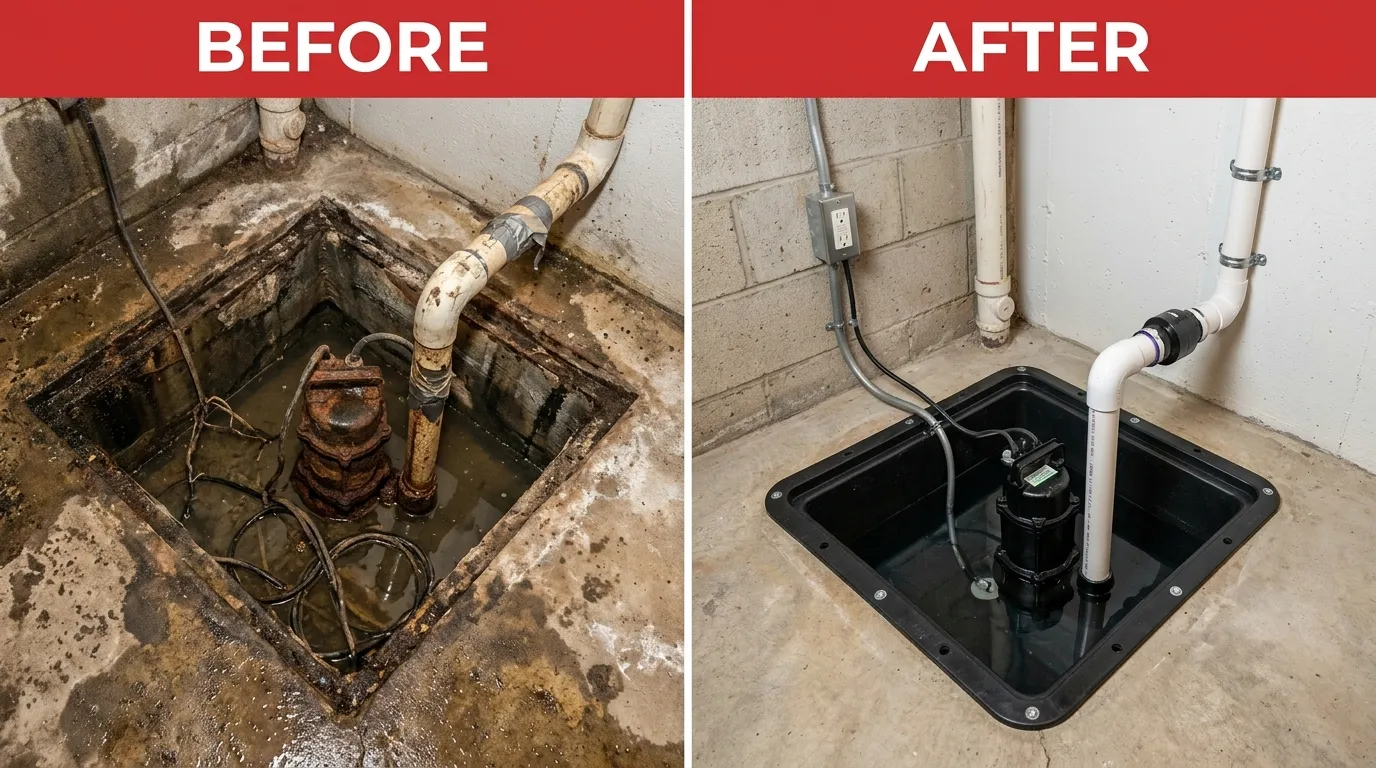 Sump Pump Repair and Replacement Before and After Results by Stanley Rora Plumbers in Aurora CO