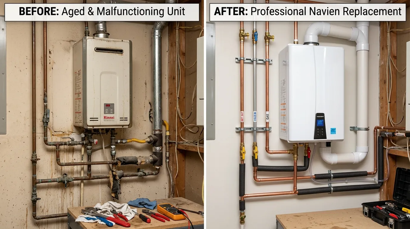 Tankless Water Heater Repair and Replacement Before and After - Stanley Rora Plumbers Aurora CO