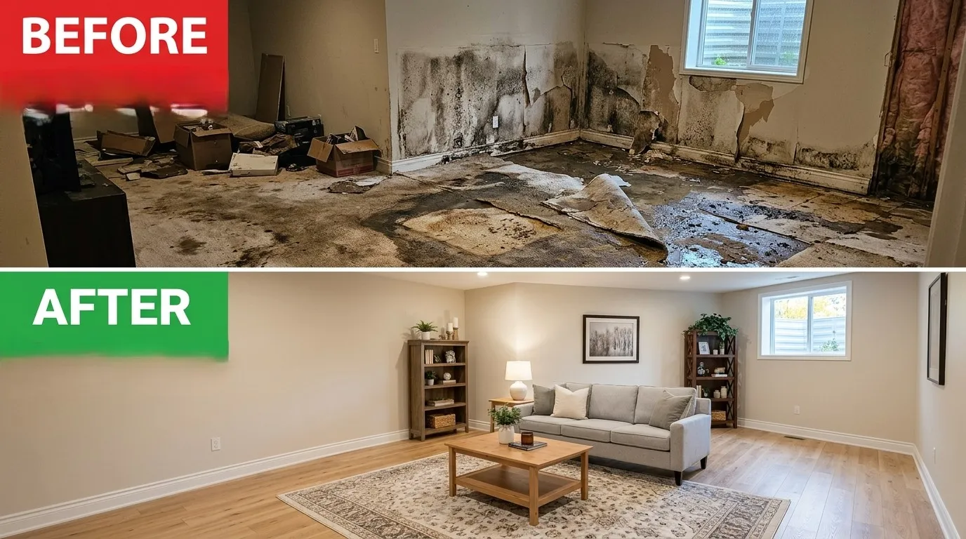 Water Damage Restoration Basement Before and After - Stanley Rora Plumbers Aurora CO