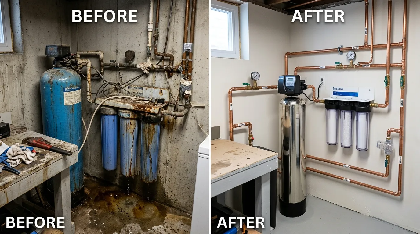Water filtration system repair and replacement before and after - Stanley Rora Plumbers Aurora CO