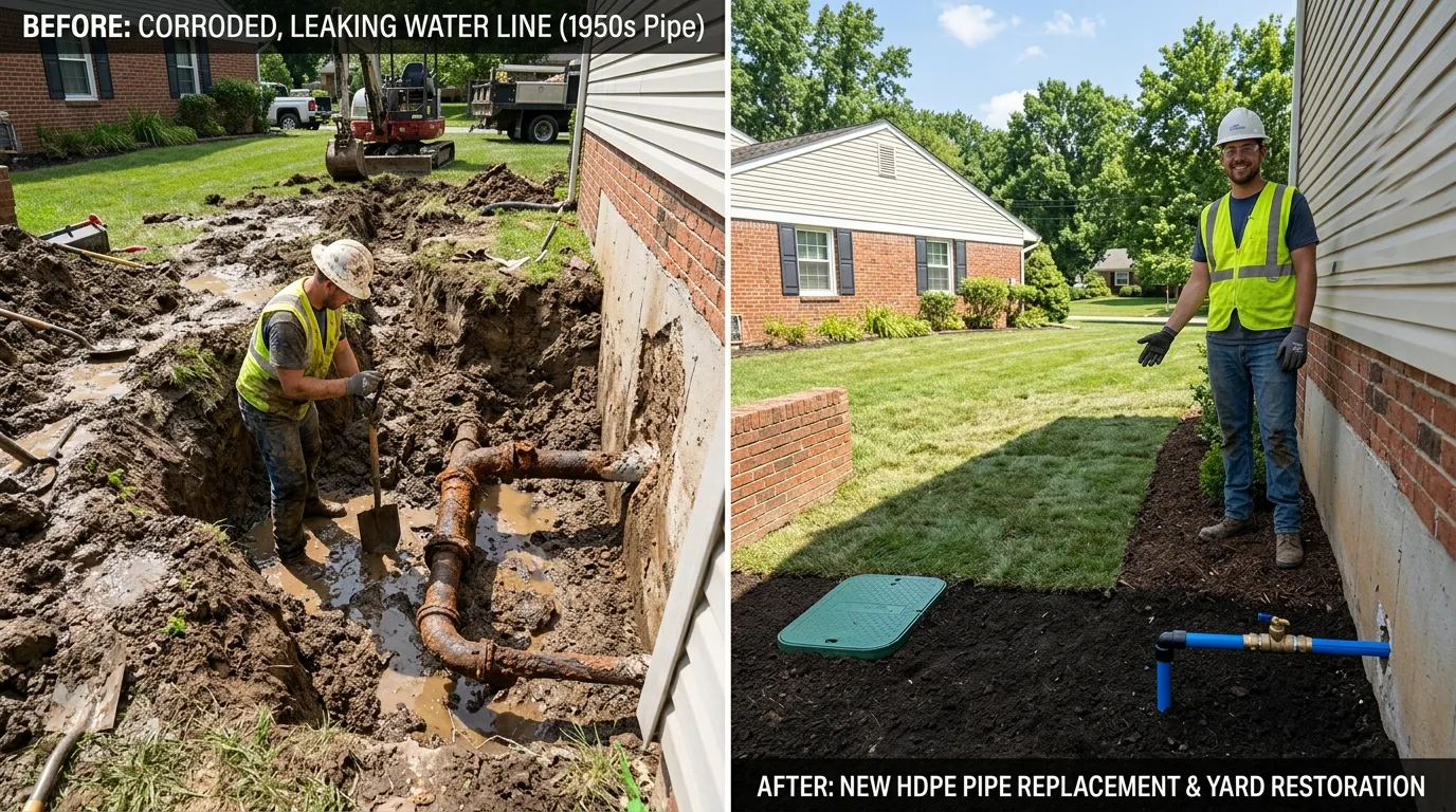 Water line replacement HDPE pipe yard restoration Aurora CO